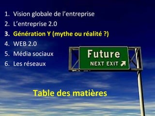 1.   Vision globale de l’entreprise
2.   L’entreprise 2.0
3.   Génération Y (mythe ou réalité ?)
4.   WEB 2.0
5.   Média sociaux
6.   Les réseaux



           Table des matières
 