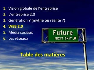 1.   Vision globale de l’entreprise
2.   L’entreprise 2.0
3.   Génération Y (mythe ou réalité ?)
4.   WEB 2.0
5.   Média sociaux
6.   Les réseaux



           Table des matières
 