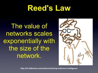 Reed's Law

   The value of
 networks scales
exponentially with
  the size of the
     network.
     http://fr.slideshare.net/eekim/achieving-collective-intelligence
 