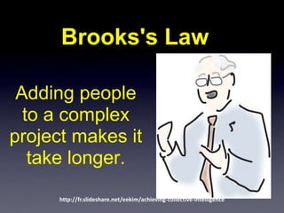 Brooks's Law

 Adding people
  to a complex
project makes it
   take longer.
      http://fr.slideshare.net/eekim/achieving-collective-intelligence
 