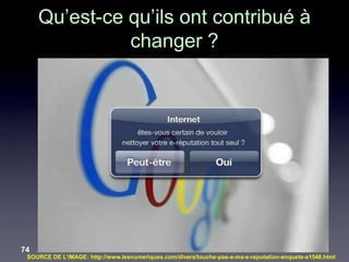 Qu’est-ce qu’ils ont contribué à
               changer ?




74
 SOURCE DE L’IMAGE: http://www.lesnumeriques.com/divers/touche-pas-a-ma-e-reputation-enquete-a1548.html
 