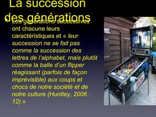 La succession
desgénérations successives
• Les générations
  ont chacune leurs
  caractéristiques et « leur
  succession ne se fait pas
  comme la succession des
  lettres de l’alphabet, mais plutôt
  comme la balle d’un flipper
  réagissant (parfois de façon
  imprévisible) aux coups et
  chocs de notre société et de
  notre culture (Huntley, 2006 :
  12) »
 