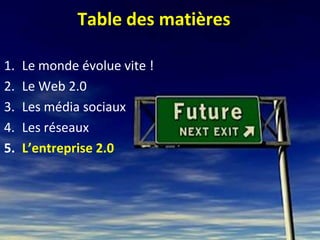Table des matières

1.   Le monde évolue vite !
2.   Le Web 2.0
3.   Les média sociaux
4.   Les réseaux
5.   L’entreprise 2.0
 