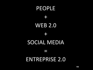PEOPLE
       +
   WEB 2.0
       +
 SOCIAL MEDIA
       =
ENTREPRISE 2.0
                 106
 