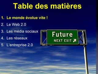 Table des matières
1. Le monde évolue vite !
2. Le Web 2.0
3. Les média sociaux
4. Les réseaux
5. L’entreprise 2.0
 