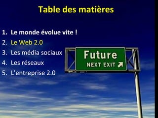 Table des matières

1.   Le monde évolue vite !
2.   Le Web 2.0
3.   Les média sociaux
4.   Les réseaux
5.   L’entreprise 2.0
 
