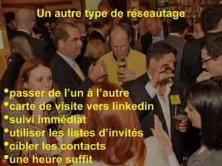 Un autre type de réseautage




•passer de l’un à l’autre
•carte de visite vers linkedin
•suivi immédiat
•utiliser les listes d’invités
•cibler les contacts
•une heure suffit                95
 