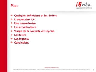 Plan
Quelques définitions et les limites
L’entreprise 1.0
Une nouvelle ère
Les accélérateurs
Visage de la nouvelle entreprise
Les freins
Les impacts
Conclusions
2
 