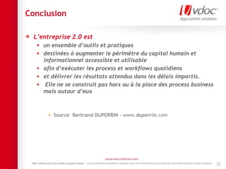 Conclusion
L’entreprise 2.0 est
un ensemble d’outils et pratiques
destinées à augmenter le périmètre du capital humain et
informationnel accessible et utilisable
afin d’exécuter les process et workflows quotidiens
et délivrer les résultats attendus dans les délais impartis.
Elle ne se construit pas hors ou à la place des process business
mais autour d’eux
Source Bertrand DUPERRIN - www.duperrin.com
31
 