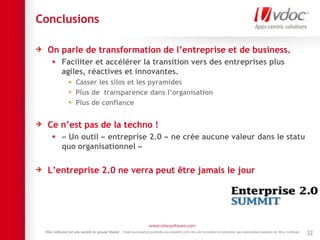 Conclusions
On parle de transformation de l’entreprise et de business.
Faciliter et accélérer la transition vers des entreprises plus
agiles, réactives et innovantes.
Casser les silos et les pyramides
Plus de transparence dans l’organisation
Plus de confiance
Ce n’est pas de la techno !
« Un outil « entreprise 2.0 » ne crée aucune valeur dans le statu
quo organisationnel »
L’entreprise 2.0 ne verra peut être jamais le jour
32
 