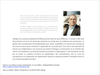 Source: Les réseaux sociaux d’entreprise. Le Livre Blanc. (Oolaop/Ahlena Conseil)
http://reseaux-sociaux-entreprise.net/

Jean-Luc Abelin. Retour d’expérience: la solution RSE Lafarge
 