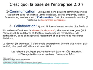 C’est quoi la base de l’entreprise 2.0 ?
    1-Communication:               Lorsque les gens peuvent communiquer plus
     facilement dans l’entreprise (entre collègues, autres employés, clients,
  fournisseurs, vendeurs, etc.) l’information n’est plus conservée en silos (à
                       l’intérieur de hiérarchies verticales).

          2- Collaboration:                                 Quand l’information est rendue plus fluide et
disponible (à l’intérieur de réseaux horizontaux), elle permet aux gens (et à
l’entreprise) de collaborer et d’obtenir davantage de rétroaction et de
participation, donc de réagir plus rapidement et de prendre de meilleures
décisions.

Le résultat (la promesse) ? L’ensemble du personnel devient plus habile, plus
motivé, plus productif, efficace et compétitif.

             Les relations publiques peuvent/doivent jouer un rôle important
                   «d’évangélisation» pour soutenir l’entreprise 2.0...
Références A+:
Enterprise 2.0 (What, Why and How) & TechWeb
http://www.e2conf.com/whitepaper/
Enterprise 2.0: The Dawn of Emergent Collaboration (Andrew Mcafee)
http://sloanreview.mit.edu/the-magazine/articles/2006/spring/47306/enterprise-the-dawn-of-emergent-collaboration/
 