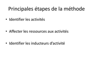 Principales étapes de la méthode
• Identifier les activités

• Affecter les ressources aux activités

• Identifier les inducteurs d’activité
 