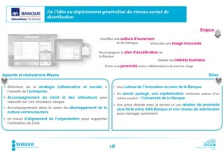 De l’idée au déploiement généralisé du réseau social de
                          distribution


                                                                                                                    Enjeux

                                                      Insuffler une culture d’ouverture
                                                                 et de dialogue      Véhiculer une image innovante

                                                     Accompagner le plan d’accélération de
                                                     la Banque
                                                                                       Valider les intérêts business
                                                        Créer une proximité entre collaborateurs et avec le siège

Apports et réalisations Weave                                                                                          Bilan

 Définition de la stratégie collaborative et sociale à        Une culture de l’innovation au sein de la Banque
  l’échelle de l’entreprise
                                                               Un savoir partagé, une capitalisation renforcée autour d’un
   Accompagnement du client et des utilisateurs pour           même espace : l’Université de la Banque
    rassurer sur ces nouveaux usages
                                                               Une prise directe avec le terrain et une relation de proximité
 Accompagnement dans le cadre du développement de la             plus forte entre AXA Banque et son réseau de distribution
    culture communautaire                                         pour manager autrement
 Un travail d’alignement de l’organisation pour supporter
    l’animation du Club




                                                             18
 