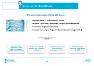 5
                       Rendre votre SI « Digital Ready »




                            Un accompagnement des DSI pour…

                              1.   Aligner la vision IT et les nouveaux usages

                              2.   Insérer le Digital dans un modèle IT, unique, global et cohérent

                              3.   Sociabiliser les processus métiers

                              4.   Sécuriser les basiques IT (gestion des droits, user management…)




                                                      Gains



     Lancement de
                              Positionnement du SI            Evolution vers un mode     Amélioration de la
  l’entreprise « digital
                             en relais des nouveaux              de gouvernance        réactivité et des délais
   ready », en matière
                                     usages                    décloisonné et ouvert          de la DSI
d’outils et de mentalités




                                                       19
 