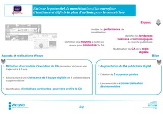 Estimer le potentiel de monétisation d’un carrefour
                          d’audience et définir le plan d’actions pour le concrétiser


                                                                                                                   Enjeux

                                                                            Auditer la performance de
                                                                            monétisation
                                                                                                     Identifier les tendances
                                                                                                business et technologiques
                                                     Définition des moyens à mettre en                  du marché publicitaire
                                                         œuvre pour concrétiser le CA
                                                                                            Modélisation du CA de la régie
                                                                                                                  digitale
Apports et réalisations Weave                                                                                                Bilan


  Définition d’un modèle d’évolution du CA permettant de tracer une             Augmentation du CA publicitaire digital
   trajectoire à 5 ans

                                                                                 Création de 5 nouveaux postes
  Sécurisation d’une croissance de l’équipe digitale de 5 collaborateurs
   supplémentaires
                                                                                 Lancement de la commercialisation
                                                                                  désintermédiée
  Identification d’initiatives pertinentes pour faire croître le CA




                                                                 24
 