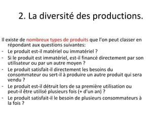 2. La diversité des productions.
Il existe de nombreux types de produits que l’on peut classer en
répondant aux questions suivantes:
- Le produit est-il matériel ou immatériel ?
- Si le produit est immatériel, est-il financé directement par son
utilisateur ou par un autre moyen ?
- Le produit satisfait-il directement les besoins du
consommateur ou sert-il à produire un autre produit qui sera
vendu ?
- Le produit est-il détruit lors de sa première utilisation ou
peut-il être utilisé plusieurs fois (+ d’un an) ?
- Le produit satisfait-il le besoin de plusieurs consommateurs à
la fois ?
 