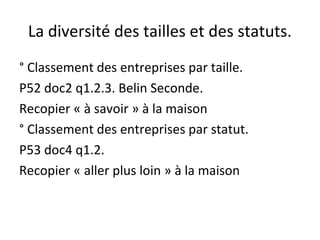 La diversité des tailles et des statuts.
° Classement des entreprises par taille.
P52 doc2 q1.2.3. Belin Seconde.
Recopier « à savoir » à la maison
° Classement des entreprises par statut.
P53 doc4 q1.2.
Recopier « aller plus loin » à la maison
 