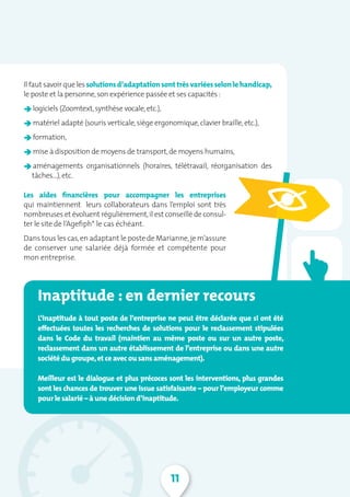 11
Les aides financières pour accompagner les entreprises
qui maintiennent leurs collaborateurs dans l’emploi sont très
nombreuses et évoluent régulièrement,il est conseillé de consul-
ter le site de l’Agefiph* le cas échéant.
Dans tous les cas,en adaptant le poste de Marianne,je m’assure
de conserver une salariée déjà formée et compétente pour
mon entreprise.
Inaptitude : en dernier recours
L’inaptitude à tout poste de l’entreprise ne peut être déclarée que si ont été
effectuées toutes les recherches de solutions pour le reclassement stipulées
dans le Code du travail (maintien au même poste ou sur un autre poste,
reclassement dans un autre établissement de l’entreprise ou dans une autre
société du groupe,et ce avec ou sans aménagement).
Meilleur est le dialogue et plus précoces sont les interventions, plus grandes
sont les chances de trouver une issue satisfaisante – pour l’employeur comme
pour le salarié – à une décision d’inaptitude.
Ilfaut savoirquelessolutionsd’adaptationsont trèsvariéesselonlehandicap,
le poste et la personne,son expérience passée et ses capacités :
â logiciels (Zoomtext,synthèse vocale,etc.),
â matériel adapté (souris verticale,siège ergonomique,clavier braille,etc.),
â formation,
â mise à disposition de moyens de transport,de moyens humains,
â aménagements organisationnels (horaires, télétravail, réorganisation des
tâches…),etc.
 