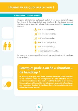 6
On pense généralement au fauteuil roulant et à la canne blanche lorsque
l’on évoque le handicap. Définir une typologie des handicaps pourrait
s’avérer réducteur,cependant la loi de février 2005 reconnaît les six catégories
suivantes :
â le handicap moteur,
â le handicap sensoriel,
â le handicap mental,
â le handicap psychique,
â le handicap cognitif,
â les maladies invalidantes.
En outre, une personne peut être touchée par plusieurs types de handicap
(polyhandicap).
Pourquoiparle-t-onde«situation»
de handicap ?
Le handicap n’est pas l’état d’une personne souffrant d’une altération
de ses fonctions, mais les conséquences de cette altération sur un
environnement donné et donc sur les possibilités d’emploi de la personne.
Par exemple, un coiffeur qui devient allergique à un produit colorant peut
être reconnu en situation de handicap, alors qu’un comptable avec cette
même allergie ne le sera pas.
Handicap, de quoi parle-t-on ?
UN HANDICAP ? DES HANDICAPS !
 