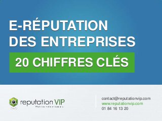 www.reputationvip.com
E-réputation des entreprises : 20 chiffres clés
contact@reputationvip.com
www.reputationvip.com
01 84 16 13 20
E-RÉPUTATION
DES ENTREPRISES
20 CHIFFRES CLÉS
E-RÉPUTATION
DES ENTREPRISES
20 CHIFFRES CLÉS
 