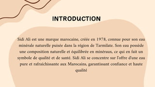 INTRODUCTION
Sidi Ali est une marque marocaine, créée en 1978, connue pour son eau
minérale naturelle puisée dans la région de Tarmilate. Son eau possède
une composition naturelle et équilibrée en minéraux, ce qui en fait un
symbole de qualité et de santé. Sidi Ali se concentre sur l'offre d'une eau
pure et rafraîchissante aux Marocains, garantissant confiance et haute
qualité
 