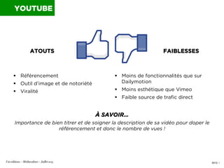 0012 I
§  Référencement
§  Outil d’image et de notoriété
§  Viralité
§  Moins de fonctionnalités que sur
Dailymotion
§...