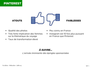 0017 I
§  Qualité des photos
§  Très forte implication des femmes
sur la thématique du voyage
§  Taux de transformation...