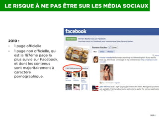 0029 I
LE RISQUE À NE PAS ÊTRE SUR LES MÉDIA SOCIAUX
2010 :
-  1 page officielle
-  1 page non officielle, qui
est la 167è...