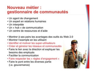 • Un agent de changement
• Un expert en relations humaines
• Un interprète
• Un « hub » de communication
• Un centre de ressources et d’aide
• Montrer à ses pairs les avantages des outils du Web 2.0
• Montrer l’exemple en les utilisant
• Identifier et motiver les super-utilisateurs
• Créer et générer les réseaux et communautés
• Faire le lien avec la direction et expliquer les
besoins des employés
• Faciliter la communication
• Faire respecter les « règles d’engagement »
• Faire le pont entre les diverses partie
(i.e. gouvernance)
 
