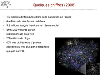 Quelques chiffres (2008) 1,5 milliards d’internautes (60% de la population en France) 4 milliards de téléphones portables 5,2 millions français inscrit sur un réseau social SMS: 200 milliards par an 600 millions de sites web 200 millions de blogs 40% des utuilisateurs d’iphones accèdent au web plus par le téléphone que par leur PC 