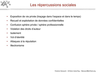 Les répercussions sociales Exposition de vie privée (traçage dans l’espace et dans le temps) Recueil et exploitation de données confidentielles Confusion sphère privée / sphère professionnelle Violation des droits d’auteur Isolement Vol d’identité Attaques à la réputation Illectronisme 