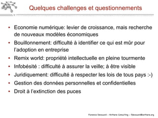 Quelques challenges et questionnements Economie numérique: levier de croissance, mais recherche de nouveaux modèles économiques Bouillonnement: difficulté à identifier ce qui est m ûr pour l’adoption en entreprise Remix world: propriété intellectuelle en pleine tourmente Infobésité : difficulté à assurer la veille; à être visible Juridiquement: difficulté à respecter les lois de tous pays :-) Gestion des données personnelles et confidentielles Droit à l’extinction des puces 