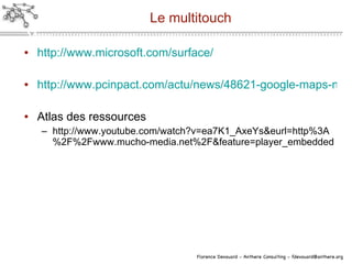 Le multitouch http://www.microsoft.com/surface/ http://www.pcinpact.com/actu/news/48621-google-maps-new-york-3d.htm Atlas des ressources http://www.youtube.com/watch?v=ea7K1_AxeYs&eurl=http%3A%2F%2Fwww.mucho-media.net%2F&feature=player_embedded 