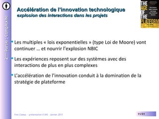 Yves Caseau - présentation X-SHS – Janvier 2015 11/31
Accélération de l’innovation technologiqueAccélération de l’innovation technologique
explosion des interactions dans les projetsexplosion des interactions dans les projets
22èmeème
Partie:ComplexitéPartie:Complexité
Les multiples « lois exponentielles » (type Loi de Moore) vont
continuer … et nourrir l’explosion NBIC
Les expériences reposent sur des systèmes avec des
interactions de plus en plus complexes
L’accélération de l’innovation conduit à la domination de la
stratégie de plateforme
 