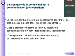 Yves Caseau - présentation X-SHS – Janvier 2015 12/31
La signature de la complexité est laLa signature de la complexité est la
communication (orchestration)communication (orchestration)
22èmeème
Partie:ComplexitéPartie:Complexité
La richesse des flux d’information nécessaires pour traiter des
problèmes complexes dans les entreprises augmente
C’est le premier symptome de la fin du Taylorisme,
coût(orchestration) > gain (décomposition / spécialisation)
C’est également la fin du « Bureau des méthodes »,
de la séparation entre penser et faire
 