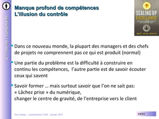 Yves Caseau - présentation X-SHS – Janvier 2015 14/31
Manque profond de compétencesManque profond de compétences
L’illusion du contrôleL’illusion du contrôle
22èmeème
Partie:ComplexitéPartie:Complexité
Dans ce nouveau monde, la plupart des managers et des chefs
de projets ne comprennent pas ce qui est produit (normal)
Une partie du problème est la difficulté à construire en
continu les compétences, l’autre partie est de savoir écouter
ceux qui savent
Savoir former … mais surtout savoir que l’on ne sait pas:
« Lâchez prise » du numérique,
changer le centre de gravité, de l’entreprise vers le client
 
