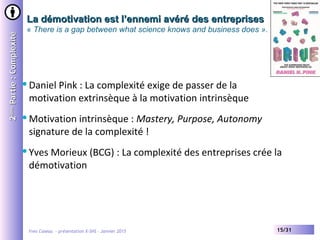 Yves Caseau - présentation X-SHS – Janvier 2015 15/31
La démotivation est l’ennemi avéré des entreprisesLa démotivation est l’ennemi avéré des entreprises
« There is a gap between what science knows and business does ».
22èmeème
Partie:ComplexitéPartie:Complexité
Daniel Pink : La complexité exige de passer de la
motivation extrinsèque à la motivation intrinsèque
Motivation intrinsèque : Mastery, Purpose, Autonomy
signature de la complexité !
Yves Morieux (BCG) : La complexité des entreprises crée la
démotivation
 