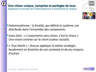 Yves Caseau - présentation X-SHS – Janvier 2015 17/31
Une vision unique, comprise et partagée de tousUne vision unique, comprise et partagée de tous
Appliquer le principe de l’holomorphisme à l’entreprise en réseau
33èmeème
Partie:Entreprise3.0Partie:Entreprise3.0
Holomorphisme : la finalité, qui définit le système, est
distribuée dans l’ensemble des composants
Isaac Getz : « L’autonomie sans vision, c’est le chaos »
Une vision centrée sur le client (valeur sociale)
« True North » : chacun applique la même stratégie,
localement en fonction de son contexte et de ses moyens
d’action
 