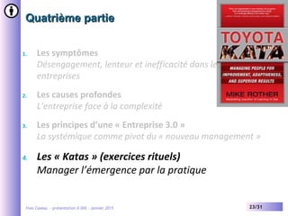 Yves Caseau - présentation X-SHS – Janvier 2015 23/31
Quatrième partieQuatrième partie
1. Les symptômes
Désengagement, lenteur et inefficacité dans les grandes
entreprises
2. Les causes profondes
L’entreprise face à la complexité
3. Les principes d’une « Entreprise 3.0 »
La systémique comme pivot du « nouveau management »
4. Les « Katas » (exercices rituels)
Manager l’émergence par la pratique
 