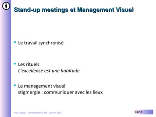 Yves Caseau - présentation X-SHS – Janvier 2015 24/31
Stand-up meetings et Management VisuelStand-up meetings et Management Visuel
 Le travail synchronisé
 Les rituels
L’excellence est une habitude
 Le management visuel
stigmergie : communiquer avec les lieux
 