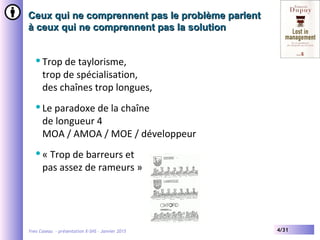 Yves Caseau - présentation X-SHS – Janvier 2015 4/31
Ceux qui ne comprennent pas le problème parlentCeux qui ne comprennent pas le problème parlent
à ceux qui ne comprennent pas la solutionà ceux qui ne comprennent pas la solution
Trop de taylorisme,
trop de spécialisation,
des chaînes trop longues,
Le paradoxe de la chaîne
de longueur 4
MOA / AMOA / MOE / développeur
« Trop de barreurs et
pas assez de rameurs »
 