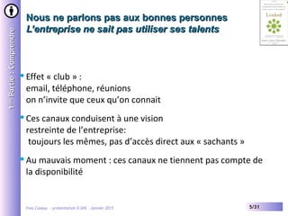 Yves Caseau - présentation X-SHS – Janvier 2015 5/31
Nous ne parlons pas aux bonnes personnesNous ne parlons pas aux bonnes personnes
L’entreprise ne sait pas utiliser ses talentsL’entreprise ne sait pas utiliser ses talents
11èreère
Partie:ComprendrePartie:Comprendre
Effet « club » :
email, téléphone, réunions
on n’invite que ceux qu’on connait
Ces canaux conduisent à une vision
restreinte de l’entreprise:
toujours les mêmes, pas d’accès direct aux « sachants »
Au mauvais moment : ces canaux ne tiennent pas compte de
la disponibilité
 