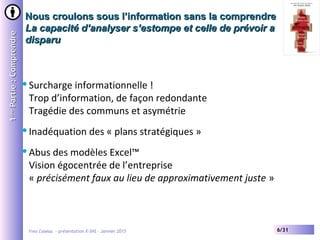 Yves Caseau - présentation X-SHS – Janvier 2015 6/31
Nous croulons sous l’information sans la comprendreNous croulons sous l’information sans la comprendre
La capacité d’analyser s’estompe et celle de prévoir aLa capacité d’analyser s’estompe et celle de prévoir a
disparudisparu
11èreère
Partie:ComprendrePartie:Comprendre
Surcharge informationnelle !
Trop d’information, de façon redondante
Tragédie des communs et asymétrie
Inadéquation des « plans stratégiques »
Abus des modèles Excel™
Vision égocentrée de l’entreprise
« précisément faux au lieu de approximativement juste »
 
