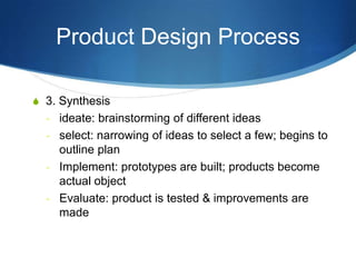 Product Design Process

S 3. Synthesis
  - ideate: brainstorming of different ideas
  - select: narrowing of ideas to select a few; begins to
    outline plan
  - Implement: prototypes are built; products become
    actual object
  - Evaluate: product is tested & improvements are
    made
 