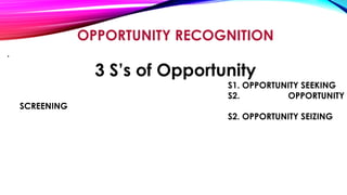 OPPORTUNITY RECOGNITION
.
3 S’s of Opportunity
S1. OPPORTUNITY SEEKING
S2. OPPORTUNITY
SCREENING
S2. OPPORTUNITY SEIZING
 