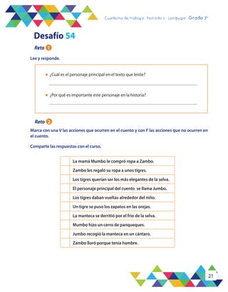 21
Cuaderno de trabajo - Período 3 - Lenguaje - 2° básicoCuaderno de trabajo - Período 3 - Lenguaje - Grado 3°
Lee y responde.
Marca con una V las acciones que ocurren en el cuento y con F las acciones que no ocurren en
el cuento.
Comparte las respuestas con el curso.
l	 ¿Cuál es el personaje principal en el texto que leíste?
l	 ¿Por qué es importante este personaje en la historia?
La mamá Mumbo le compró ropa a Zambo.
Zambo les regaló su ropa a unos tigres.
Los tigres querían ser los más elegantes de la selva.
El personaje principal del cuento se llama Jumbo.
Los tigres daban vueltas alrededor del niño.
Un tigre se puso los zapatos en las orejas.
La manteca se derritió por el frío de la selva.
Mumbo hizo un cerro de panqueques.
Jumbo recogió la manteca en un cántaro.
Zambo lloró porque tenía hambre.
Desafío 54
Reto 1
Reto 2
 