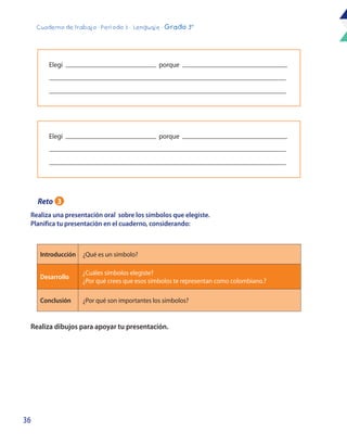 36
Cuaderno de trabajo - Período 3 - Lenguaje - Grado 3°
Realiza una presentación oral sobre los símbolos que elegiste.
Planifica tu presentación en el cuaderno, considerando:
Realiza dibujos para apoyar tu presentación.
Introducción ¿Qué es un símbolo?
Desarrollo
¿Cuáles símbolos elegiste?
¿Por qué crees que esos símbolos te representan como colombiano.?
Conclusión ¿Por qué son importantes los símbolos?
Elegí porque
Elegí porque
Reto 3
 