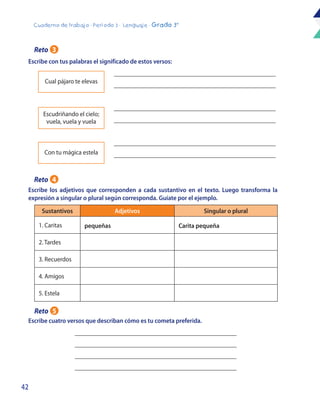 42
Cuaderno de trabajo - Período 3 - Lenguaje - Grado 3°
Escribe con tus palabras el significado de estos versos:
Escribe los adjetivos que corresponden a cada sustantivo en el texto. Luego transforma la
expresión a singular o plural según corresponda. Guíate por el ejemplo.
Escribe cuatro versos que describan cómo es tu cometa preferida.
Sustantivos Adjetivos Singular o plural
1. Caritas pequeñas Carita pequeña
2. Tardes
3. Recuerdos
4. Amigos
5. Estela
Cual pájaro te elevas
Escudriñando el cielo;
vuela, vuela y vuela
Con tu mágica estela
Reto 3
Reto 4
Reto 5
 