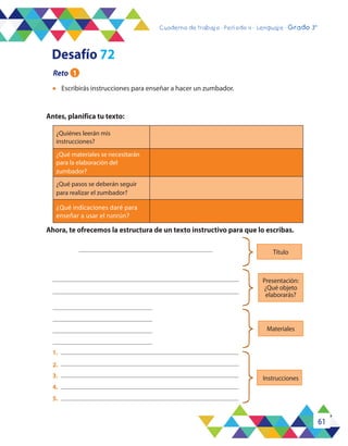 61
Cuaderno de trabajo - Período 3 - Lenguaje - 2° básicoCuaderno de trabajo - Período 4 - Lenguaje - Grado 3°
Antes, planifica tu texto:
Ahora, te ofrecemos la estructura de un texto instructivo para que lo escribas.
Título
Presentación:
¿Qué objeto
elaborarás?
Instrucciones
Materiales
1.
2.
3.
4.
5.
l	 Escribirás instrucciones para enseñar a hacer un zumbador.
¿Quiénes leerán mis
instrucciones?
¿Qué materiales se necesitarán
para la elaboración del
zumbador?
¿Qué pasos se deberán seguir
para realizar el zumbador?
¿Qué indicaciones daré para
enseñar a usar el runrún?
Desafío 72
Reto 1
 